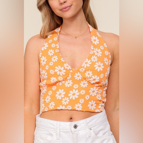 Daisy Print Open Back Halter Cropped Tank - Orange - Picture 2 of 16